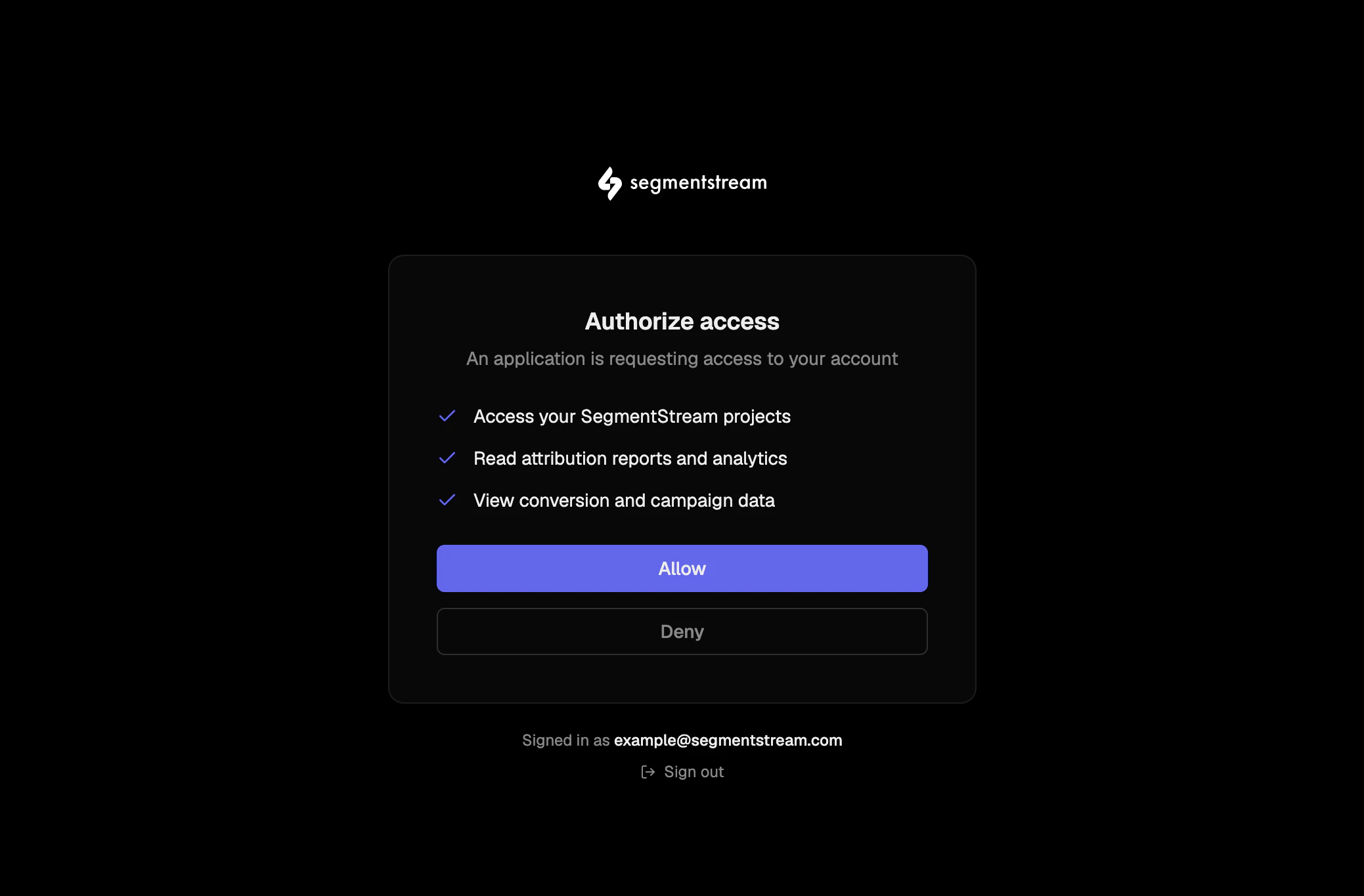 SegmentStream authorization page requesting access to projects, reports, and campaign data