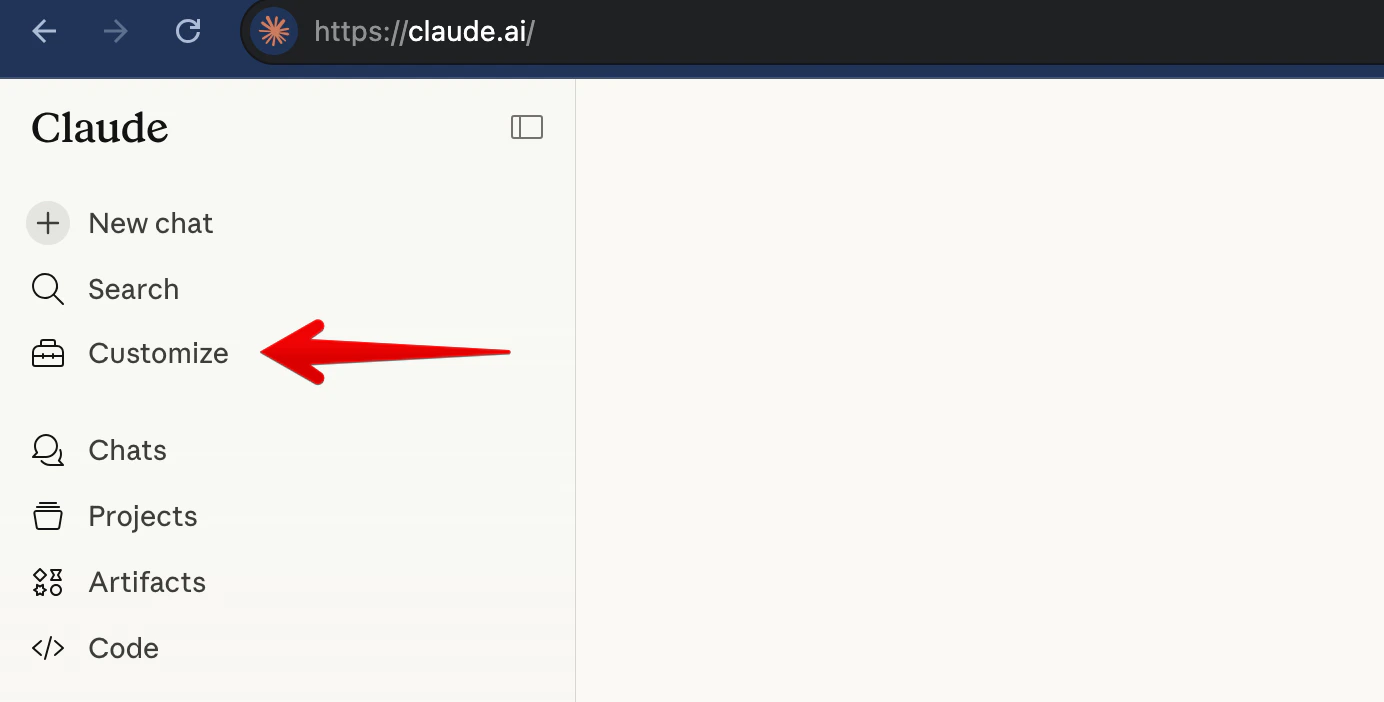 Claude.ai sidebar with Customize highlighted