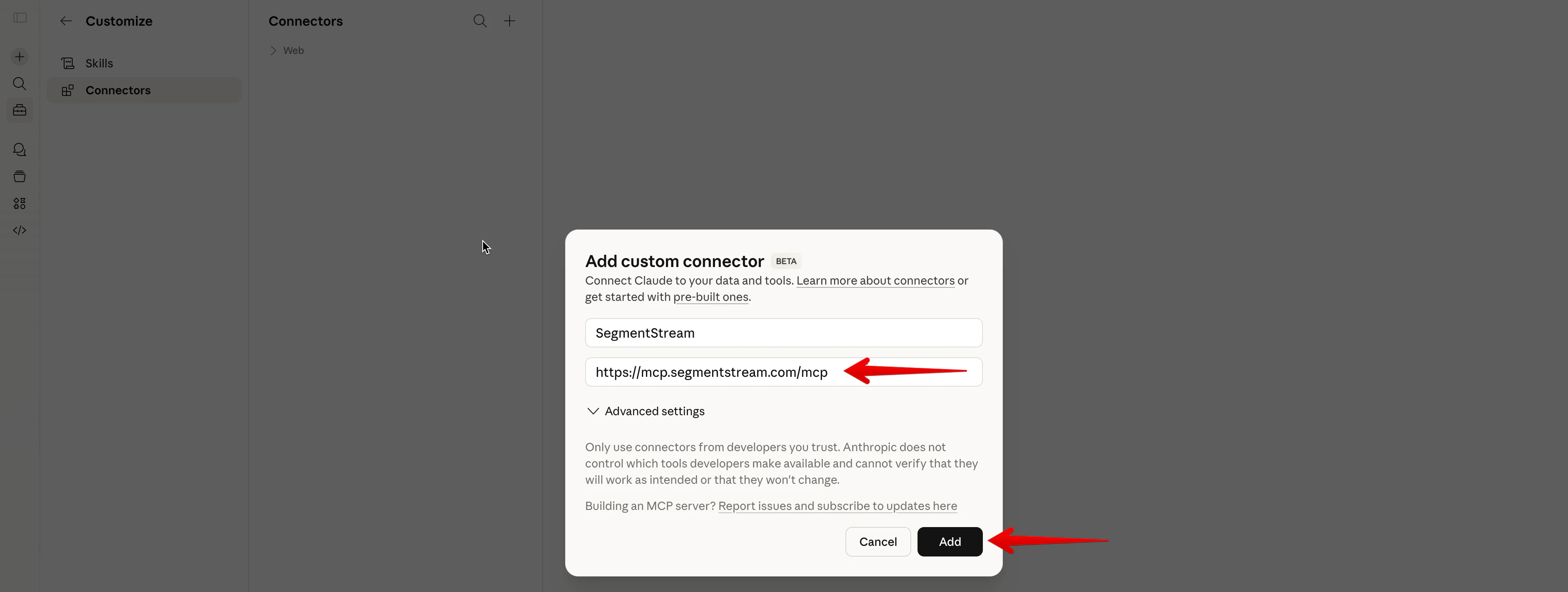 Add custom connector dialog with SegmentStream name and MCP URL