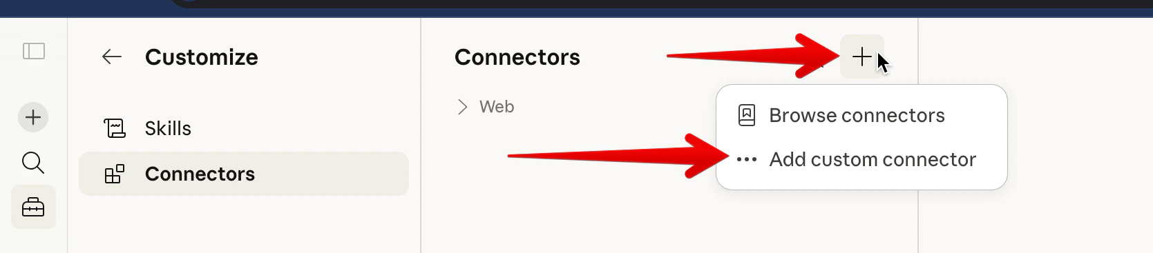 Connectors page with + button and Add custom connector option