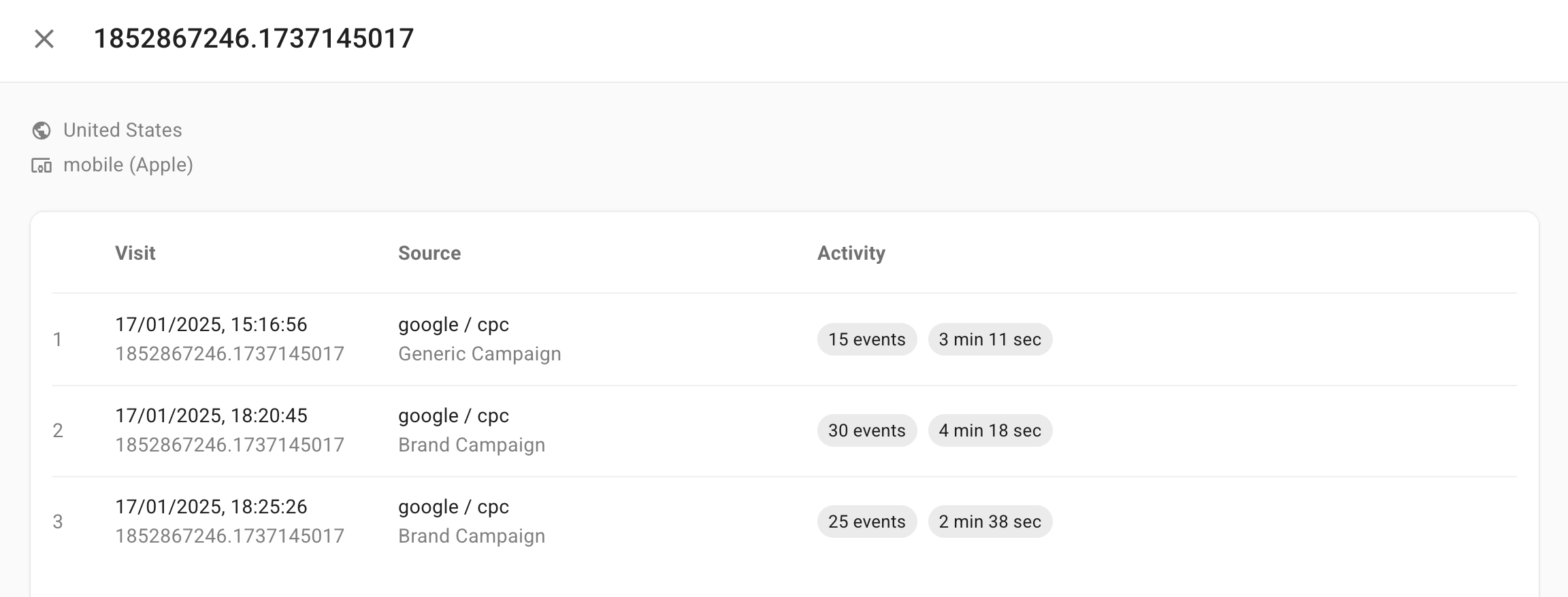 Session list for Example 1