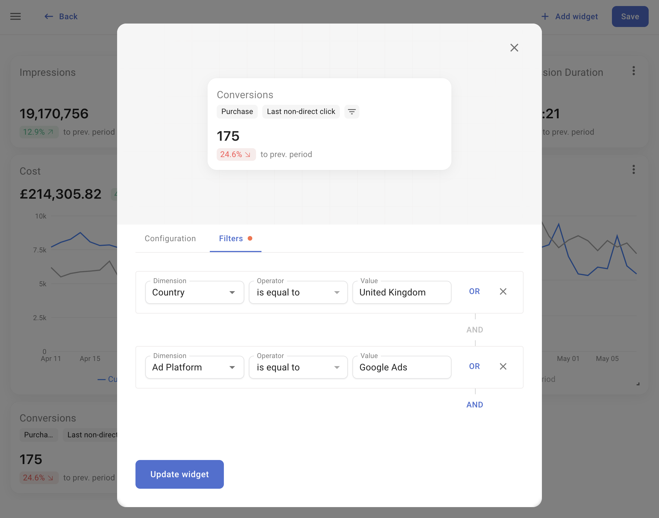 Widget filter configuration