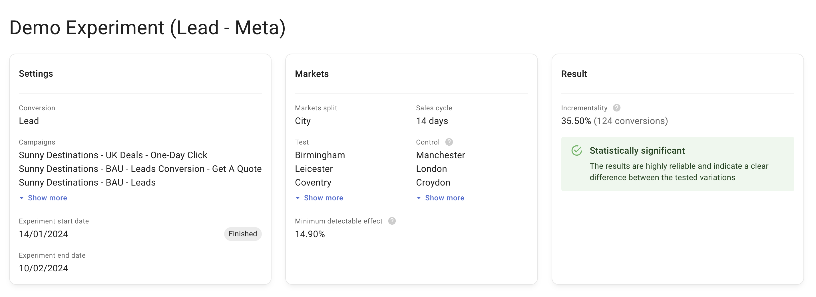Experiment results with incrementality metrics