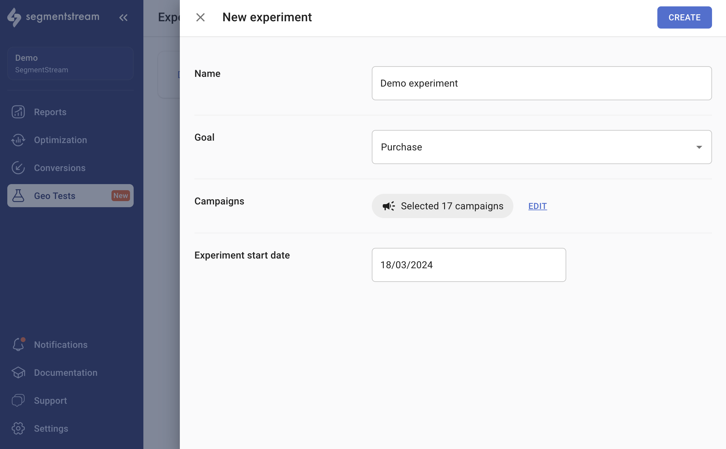 Experiment settings form