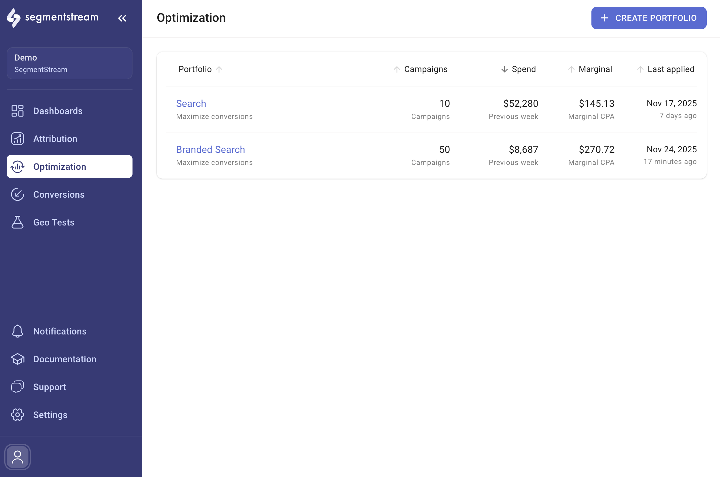 Optimization module main page showing portfolio list
