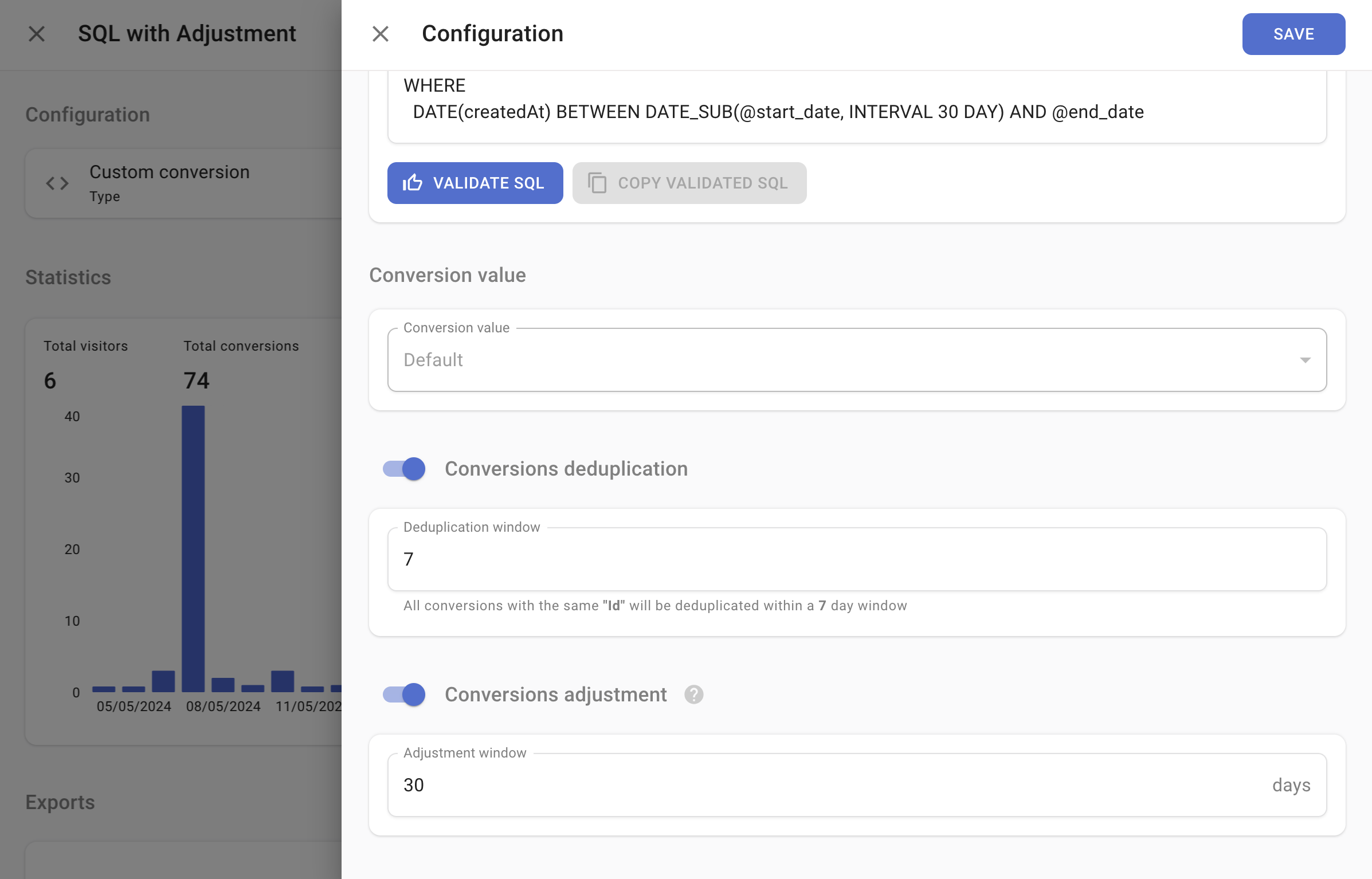 Conversions adjustment settings