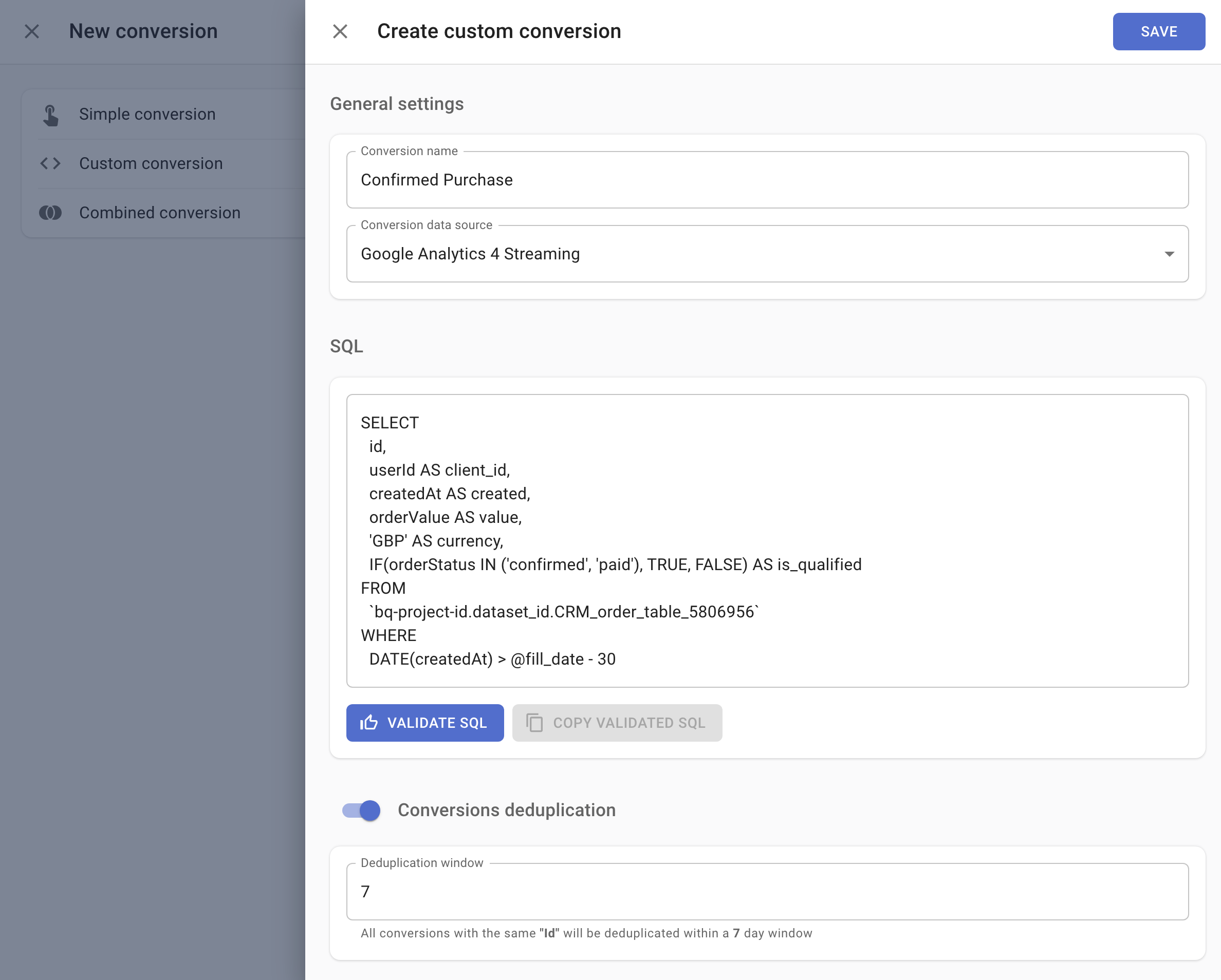 Custom conversion SQL configuration