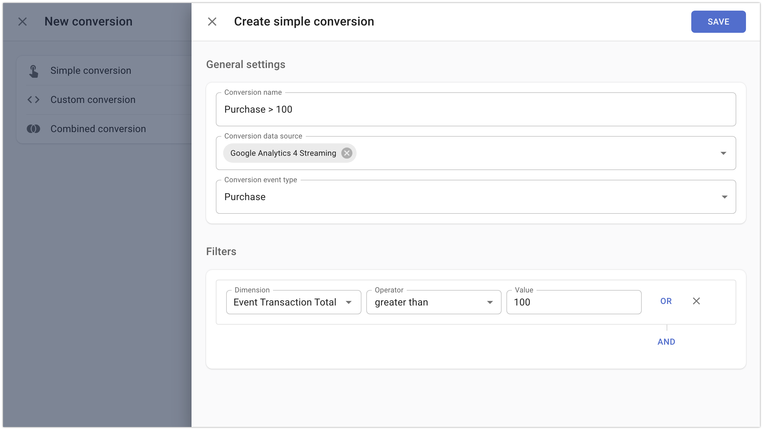 Purchase conversion filter configuration