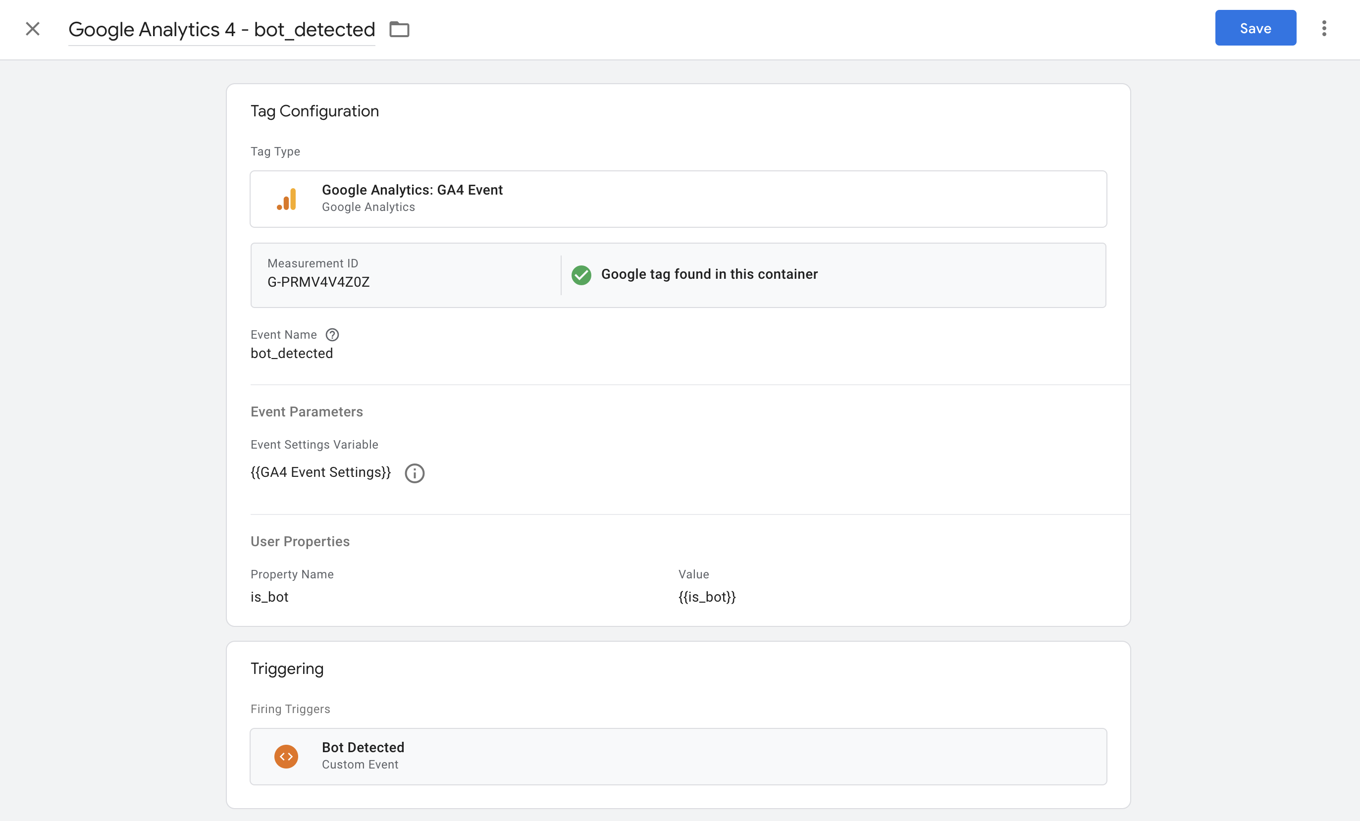 bot_detected GA4 event tag configured