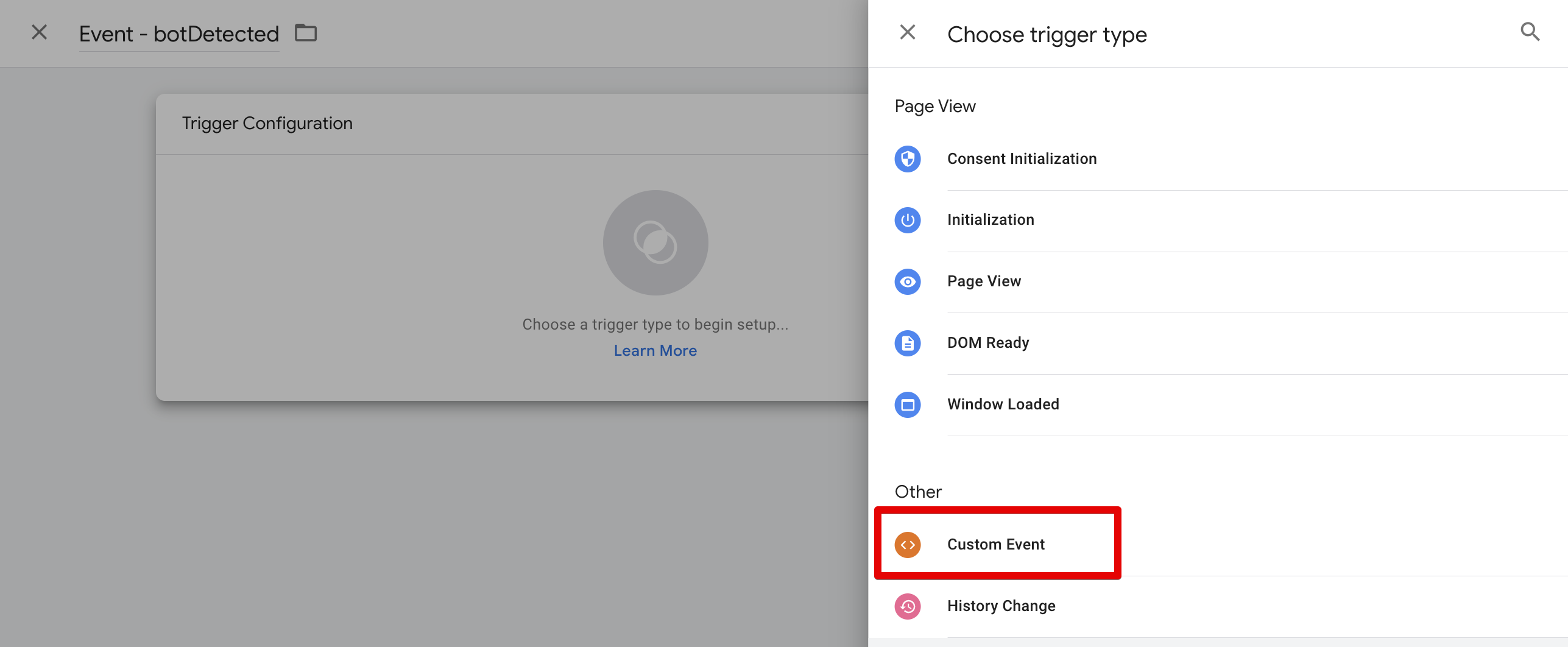 bot_detected Custom Event trigger