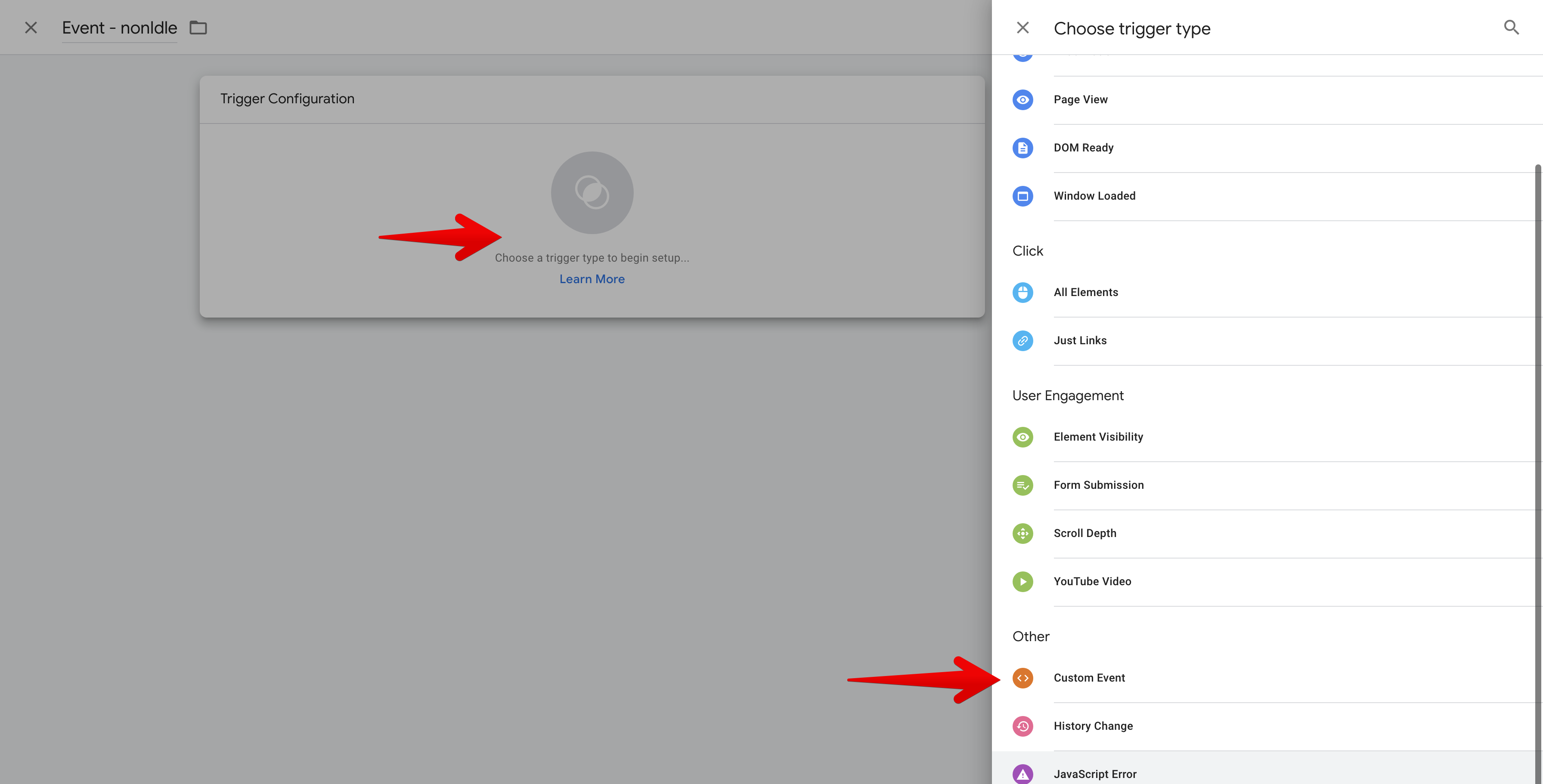 Selecting Custom Event trigger type