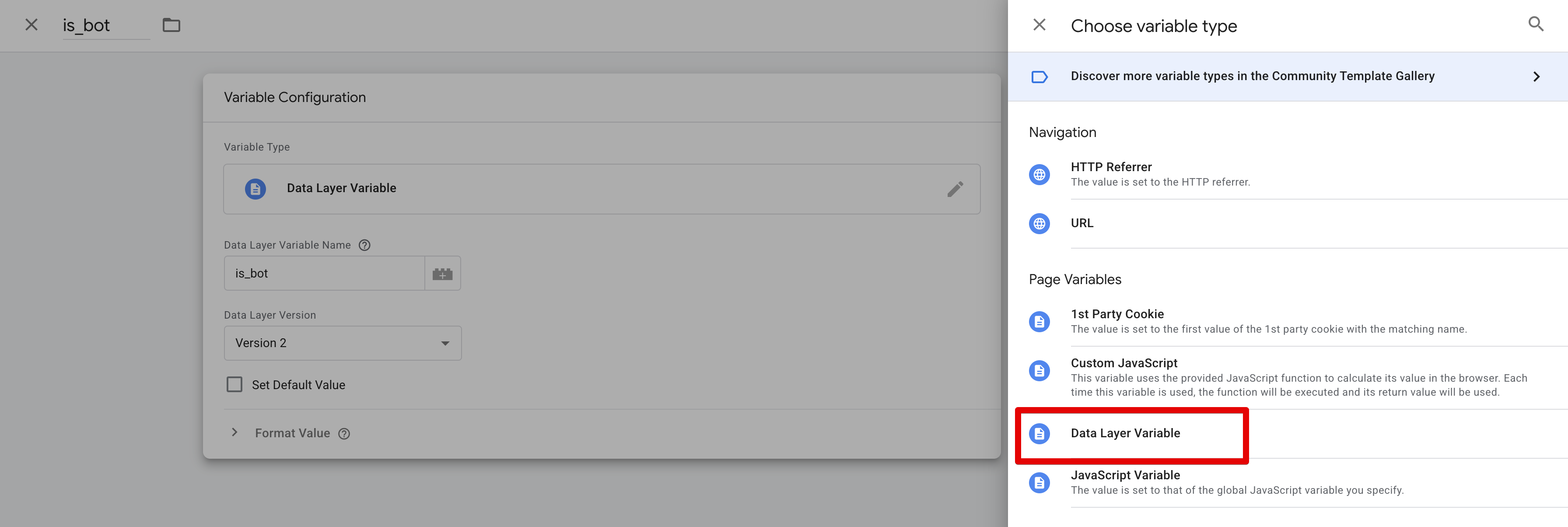 Selecting Data Layer Variable for is_bot