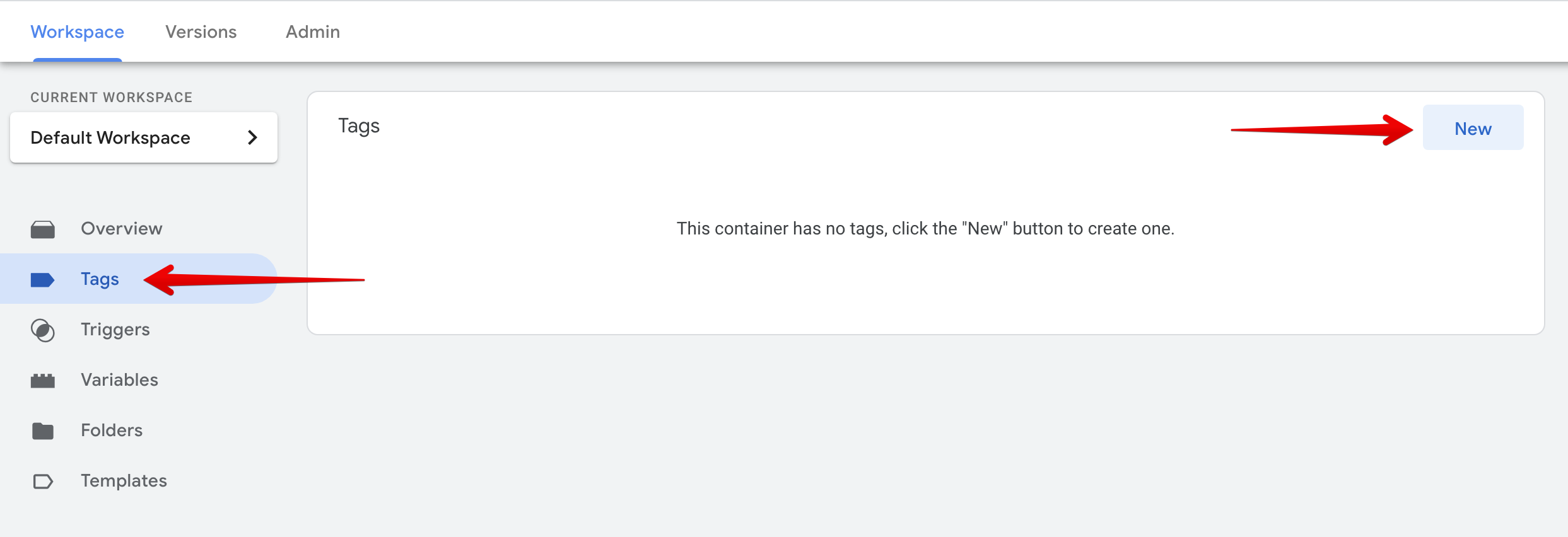 GTM Tags page with New button