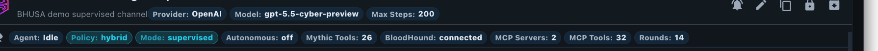 A row of status chips: Agent Idle, Policy hybrid, Mode supervised, Autonomous off, Mythic Tools 26, BloodHound connected, MCP Servers 2, MCP Tools 32, Rounds 14