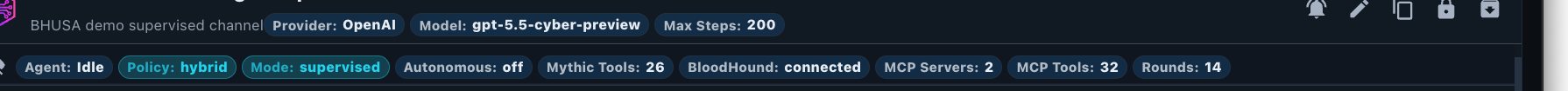 A row of status chips: Agent Idle, Policy hybrid, Mode supervised, Autonomous off, Mythic Tools 26, BloodHound connected, MCP Servers 2, MCP Tools 32, Rounds 14