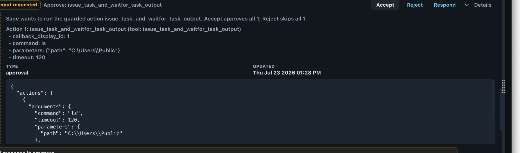 A Mythic chat approval card: Sage proposes issuing a task on callback 1, with Accept, Reject, and Respond controls