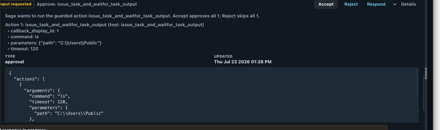 A Mythic chat approval card: Sage proposes issuing a task on callback 1, with Accept, Reject, and Respond controls