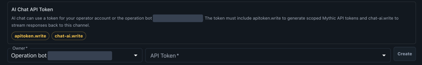 The AI Chat API Token panel listing the apitoken.write and chat-ai.write scopes, with Owner and API Token selectors