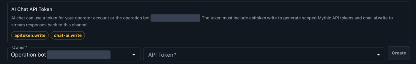 The AI Chat API Token panel listing the apitoken.write and chat-ai.write scopes, with Owner and API Token selectors