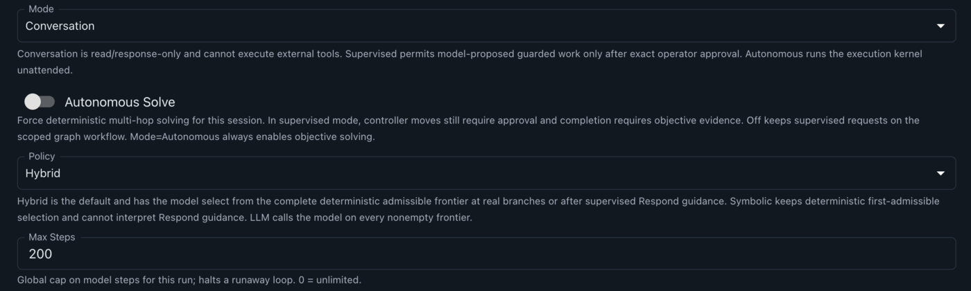 The Mode, Autonomous Solve, Policy, and Max Steps fields at their defaults: Conversation, off, Hybrid, and 200