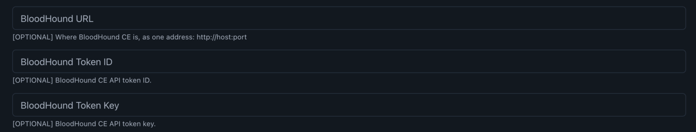 The BloodHound URL, Token ID, and Token Key fields, all left blank