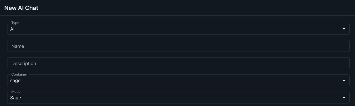 The New AI Chat dialog's Type, Name, Description, Container, and Model fields