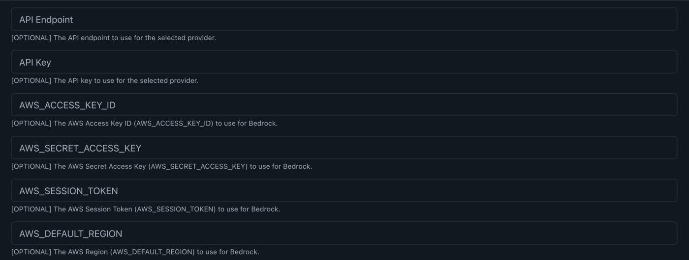 The credential fields: API Endpoint, API Key, and the four AWS Bedrock fields, all left blank