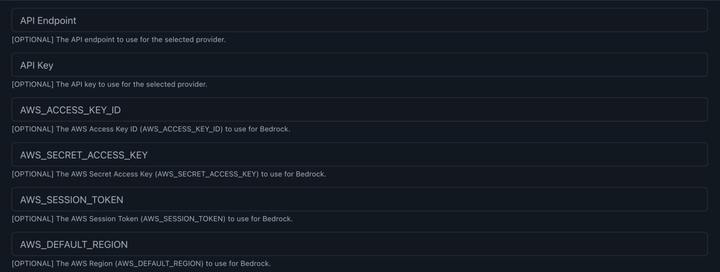 The credential fields: API Endpoint, API Key, and the four AWS Bedrock fields, all left blank