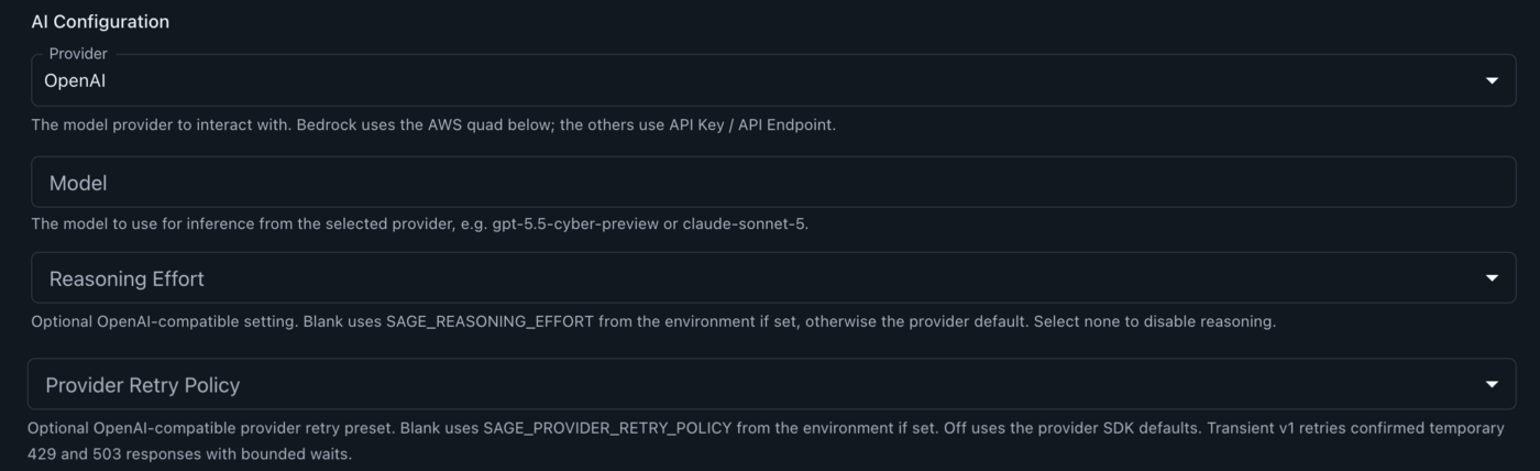 The AI Configuration fields: Provider, Model, Reasoning Effort, and Provider Retry Policy