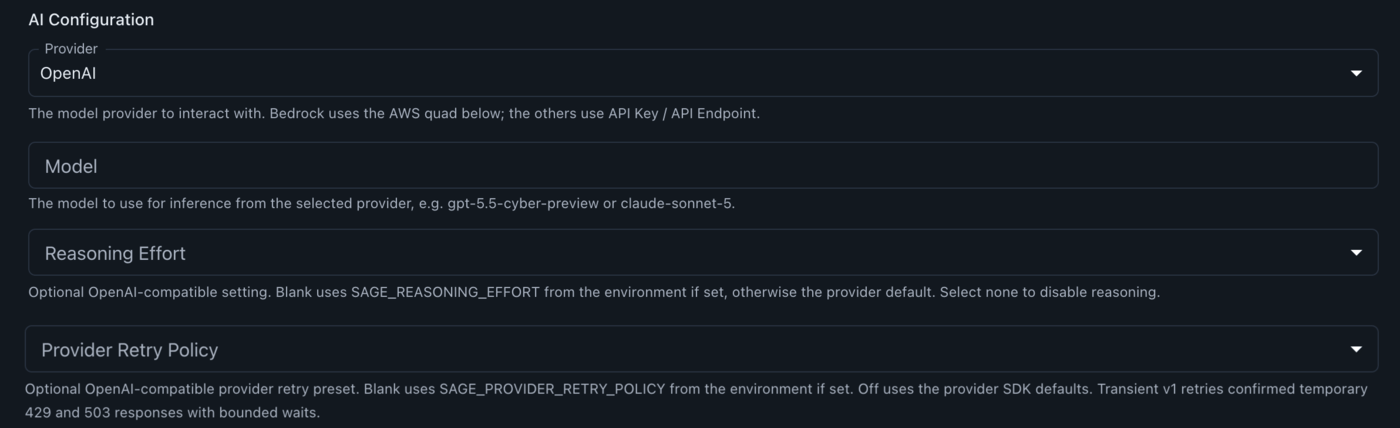 The AI Configuration fields: Provider, Model, Reasoning Effort, and Provider Retry Policy