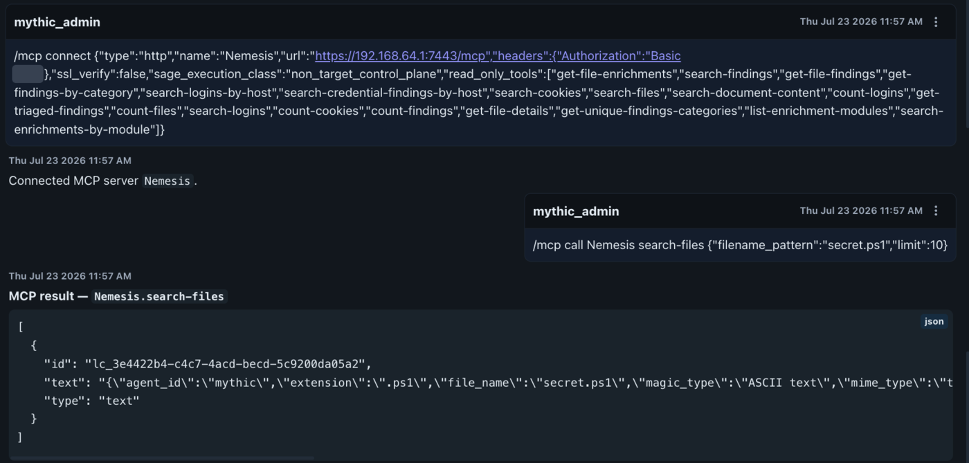Sage chat showing an /mcp connect command for an HTTP server named Nemesis with an execution class and a read-only tool list, the Connected MCP server confirmation, and an /mcp call to the search-files tool returning a JSON result