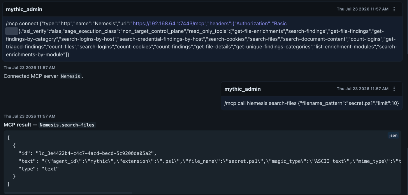 Sage chat showing an /mcp connect command for an HTTP server named Nemesis with an execution class and a read-only tool list, the Connected MCP server confirmation, and an /mcp call to the search-files tool returning a JSON result