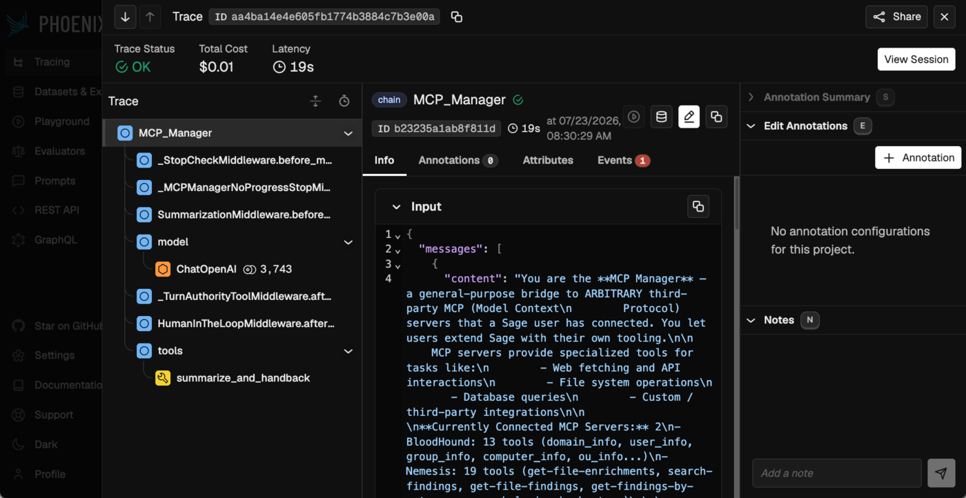 Arize Phoenix trace view showing an MCP_Manager chain span with middleware, model, and tools child spans, trace status OK, cost, latency, and the span's input messages
