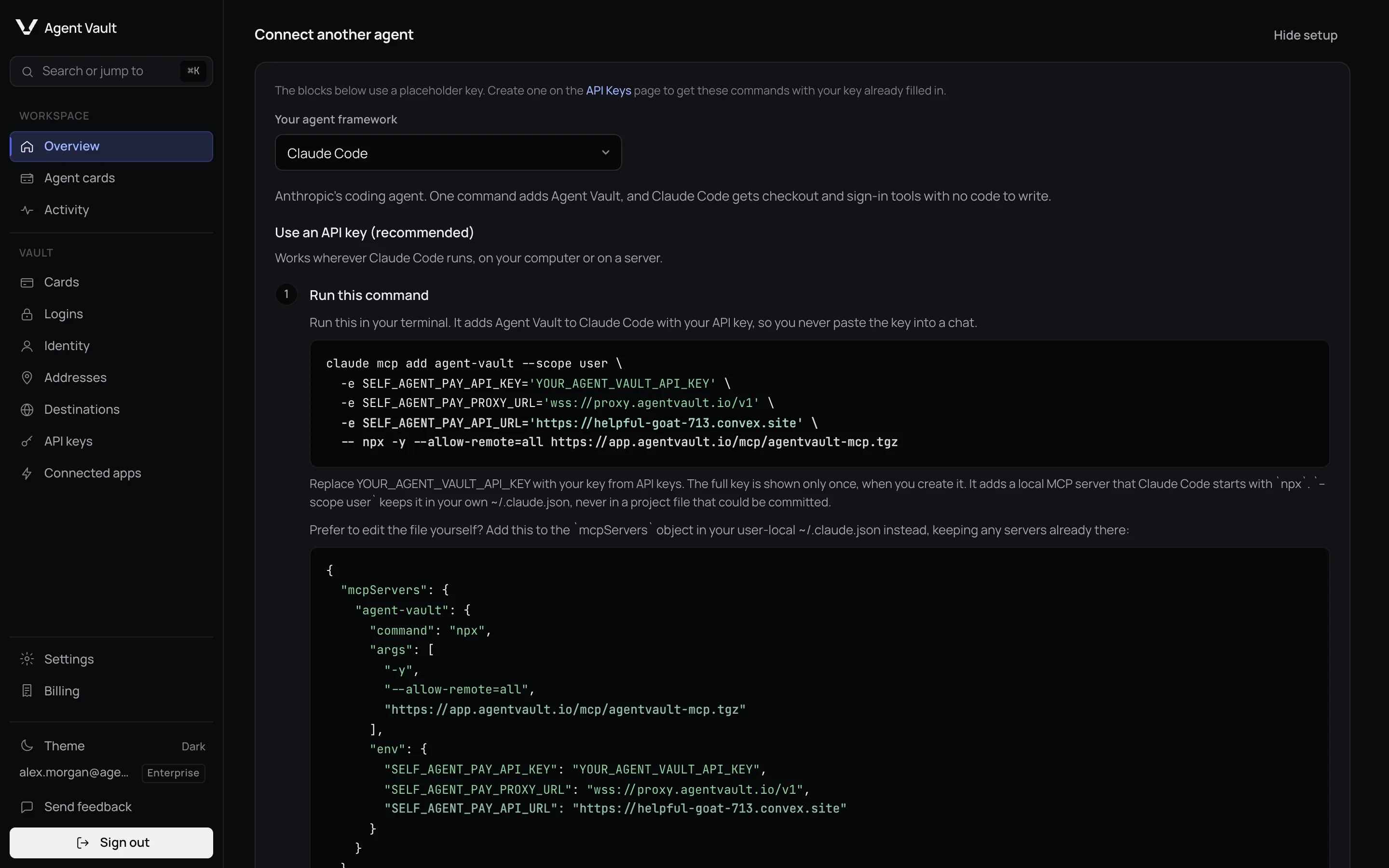 The dashboard framework picker generating an MCP server configuration block.