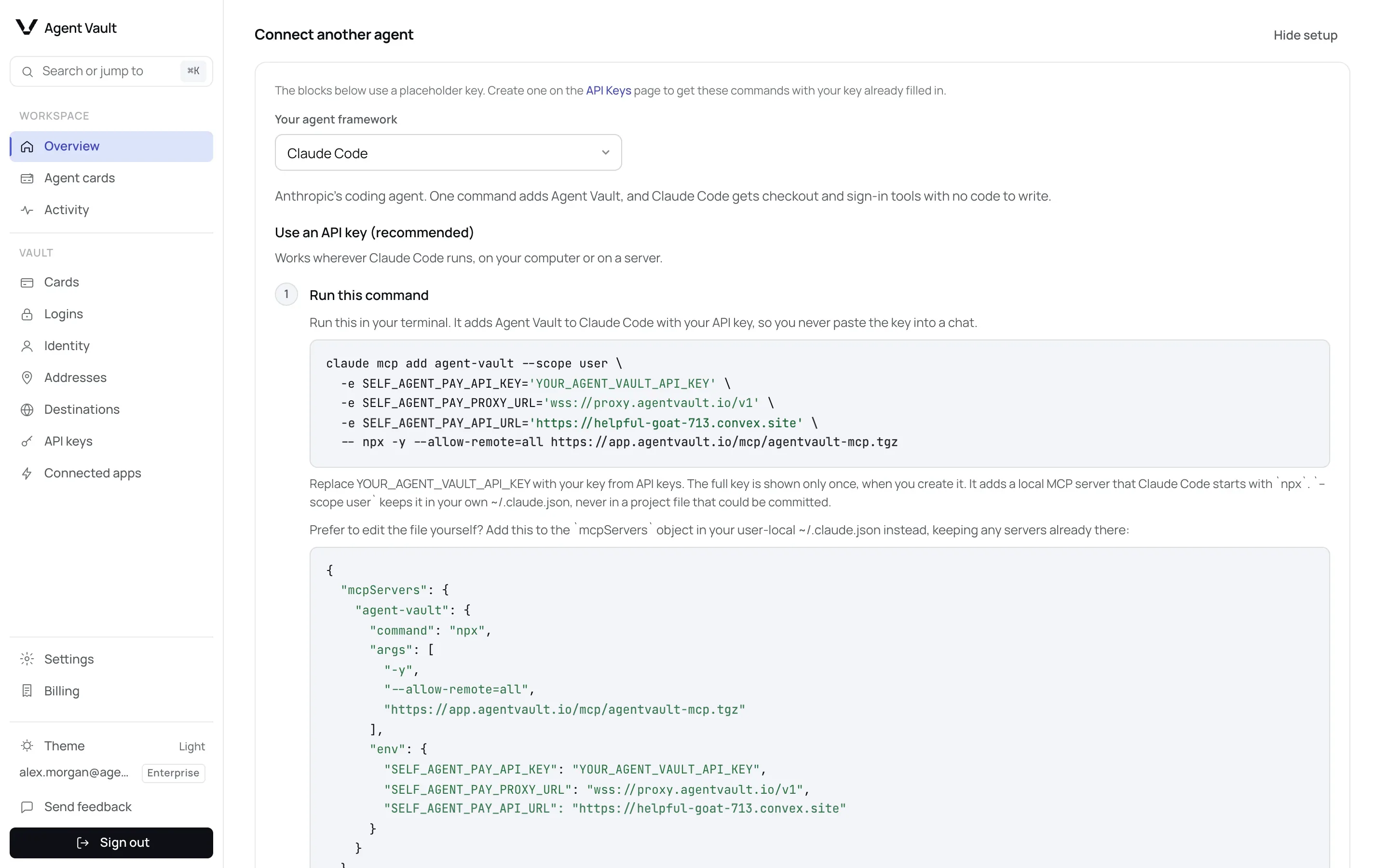 The dashboard framework picker generating an MCP server configuration block.