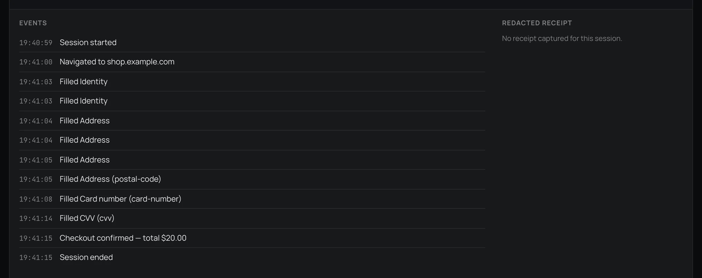 Activity page with a session expanded to show a card fill, a security code fill and a confirmed checkout, with no receipt image.