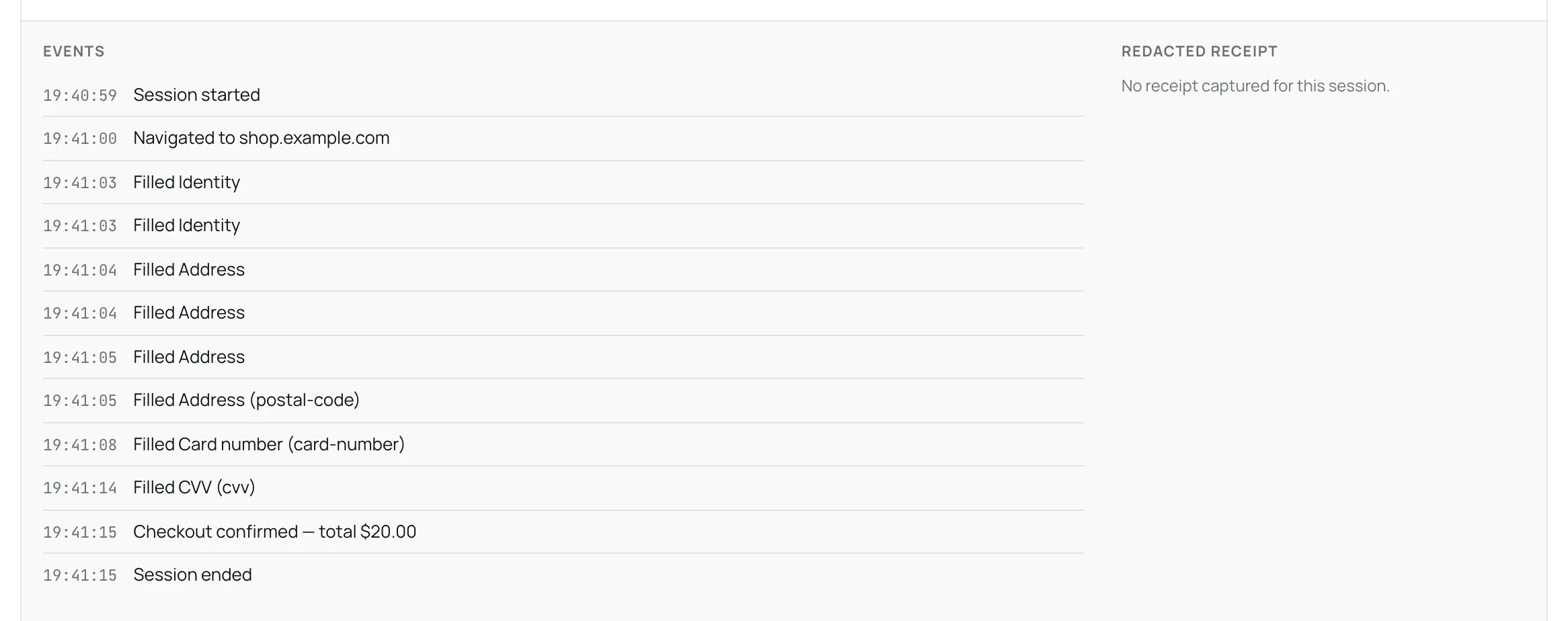 Activity page with a session expanded to show a card fill, a security code fill and a confirmed checkout, with no receipt image.