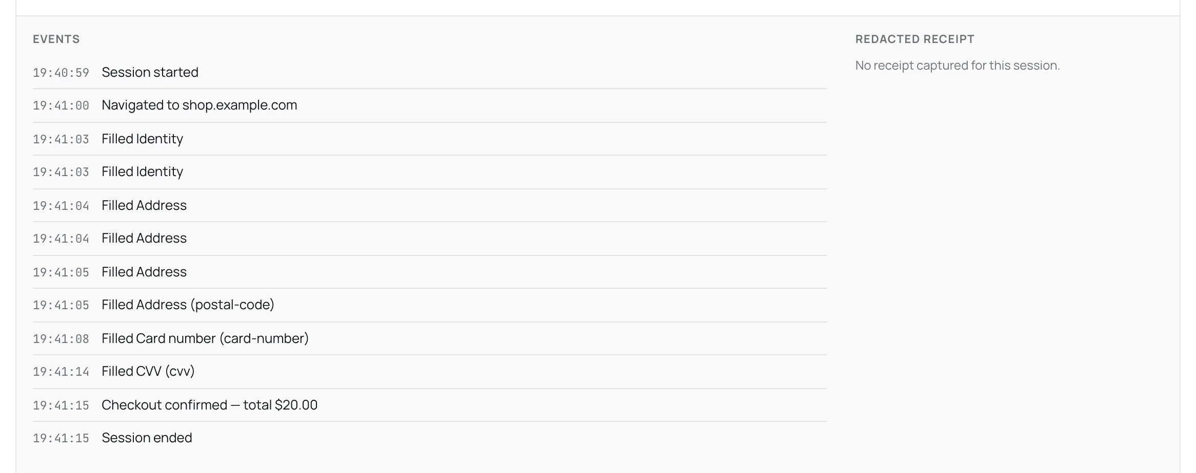 Activity page with a session expanded to show a card fill, a security code fill and a confirmed checkout, with no receipt image.