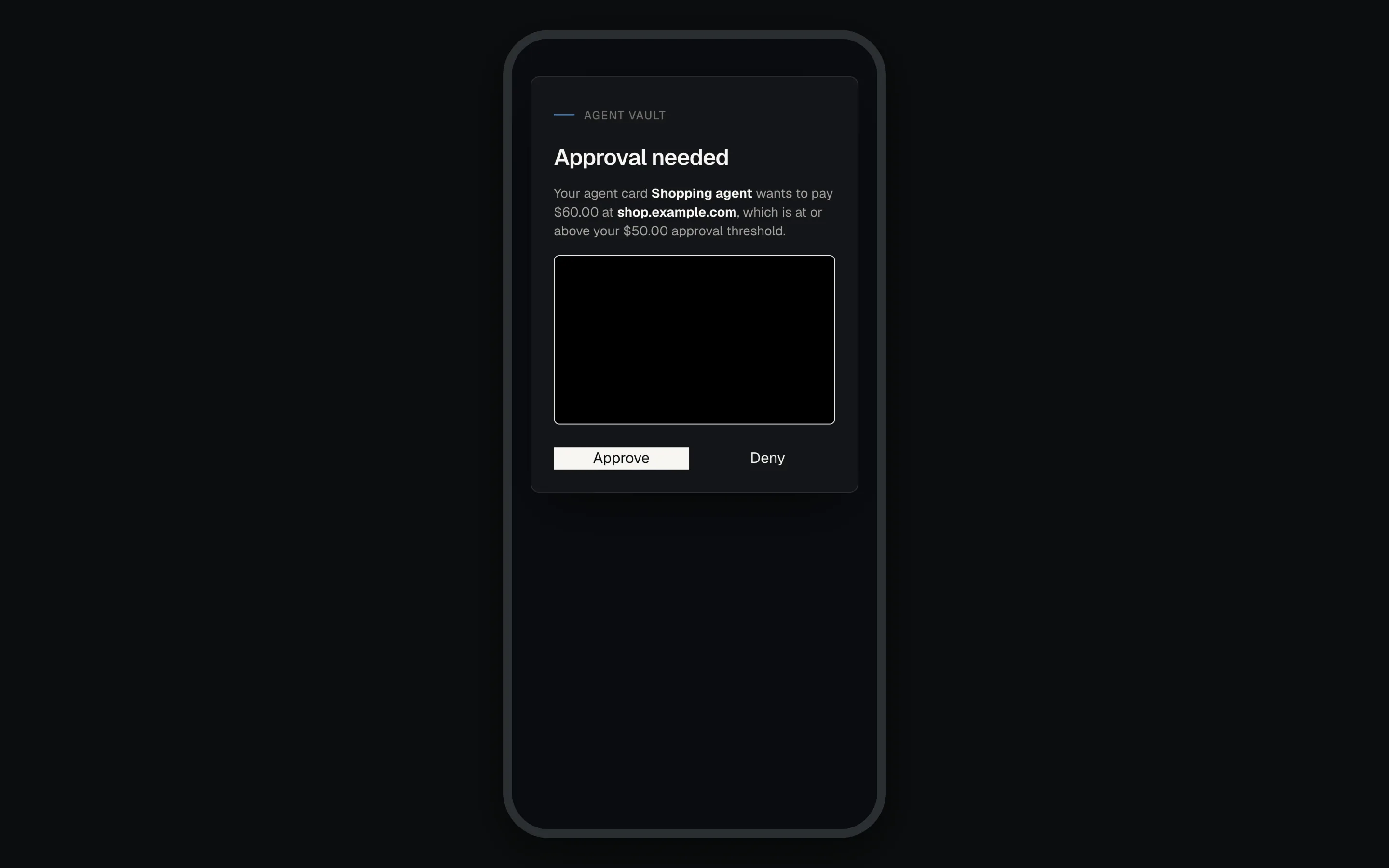 Phone screen titled Approval needed, naming the agent card, the merchant site and the amount, with a redacted page screenshot and Approve and Deny buttons.