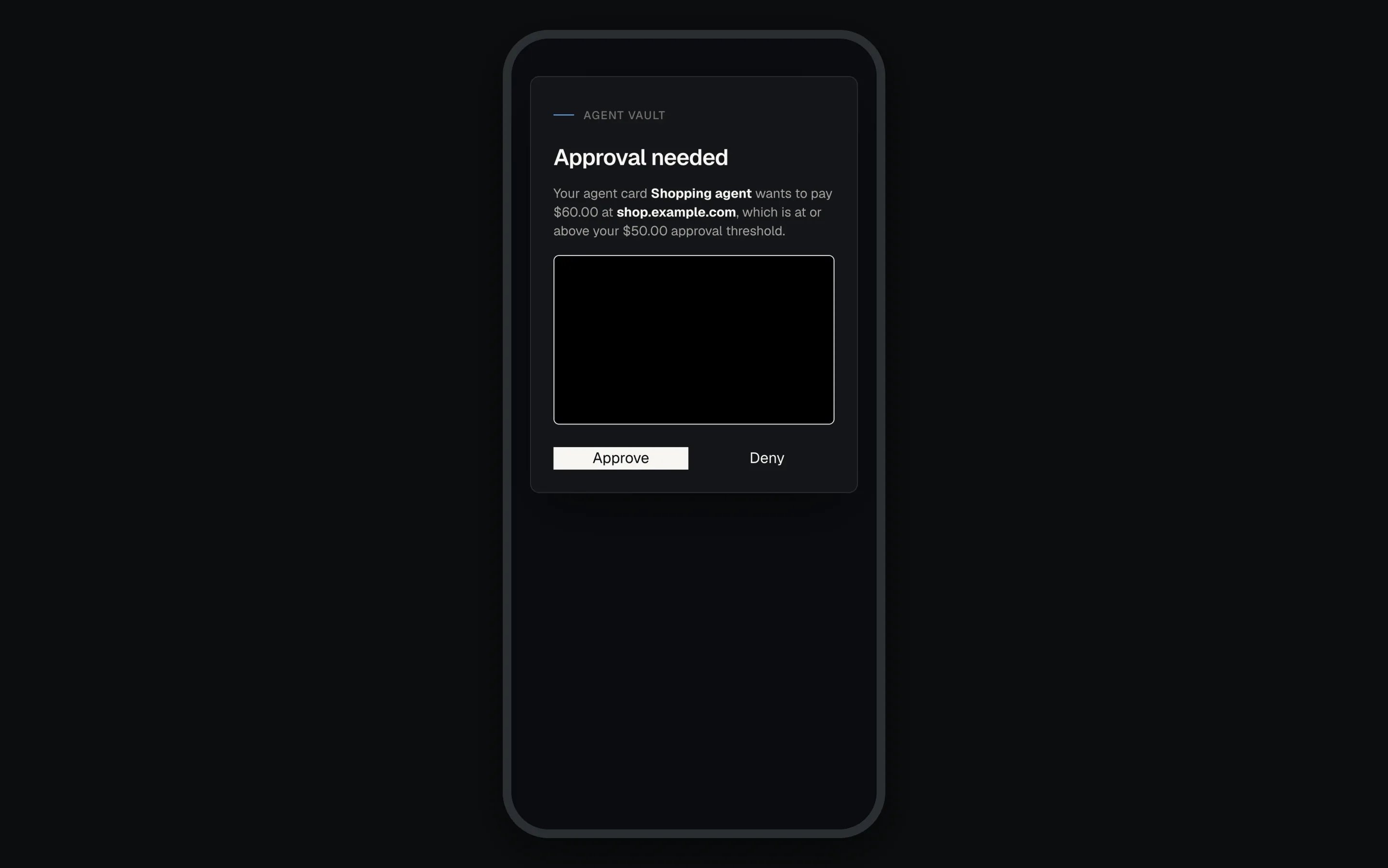 Phone screen titled Approval needed, naming the agent card, the merchant site and the amount, with a redacted page screenshot and Approve and Deny buttons.