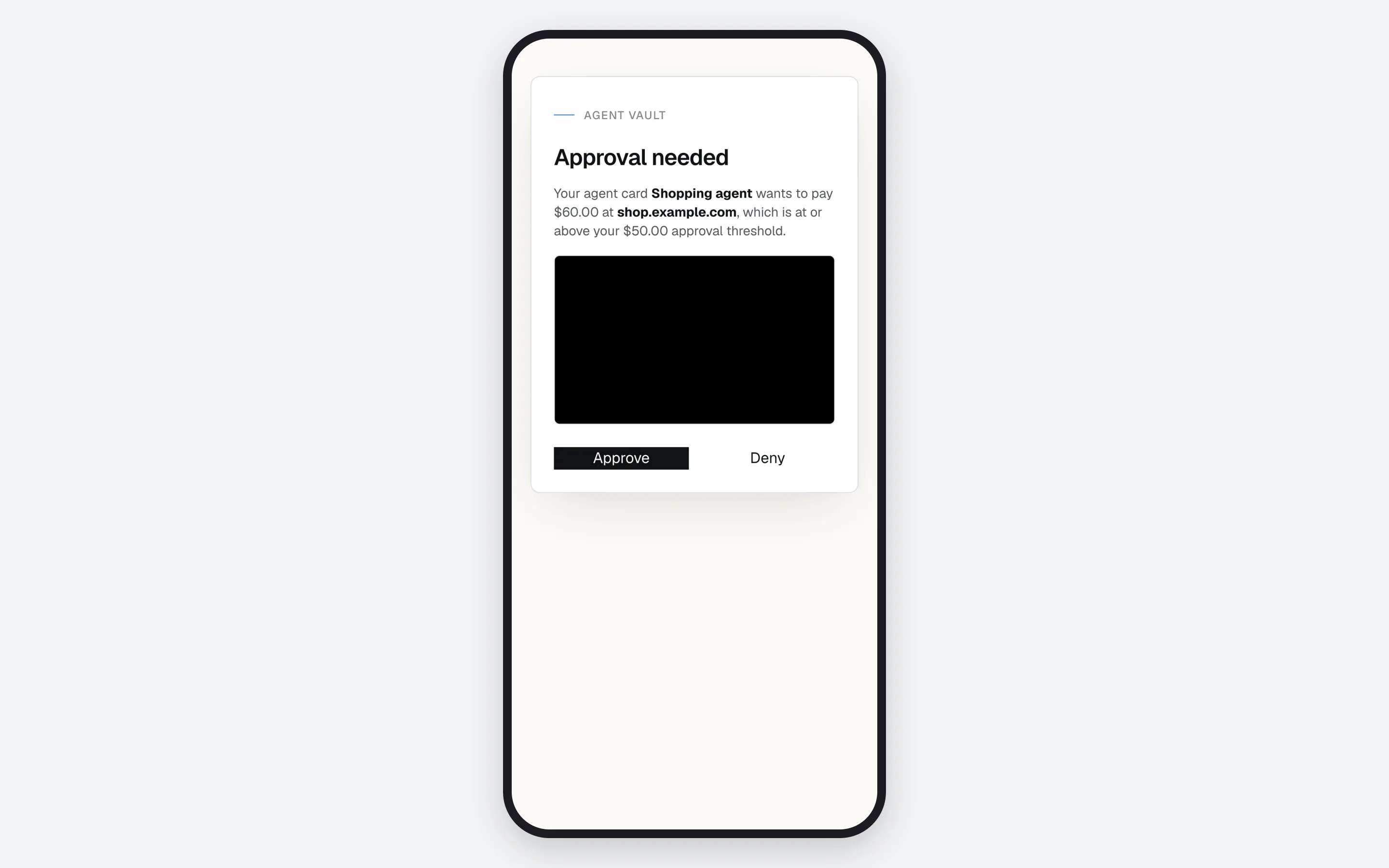 Phone screen titled Approval needed, naming the agent card, the merchant site and the amount, with a redacted page screenshot and Approve and Deny buttons.