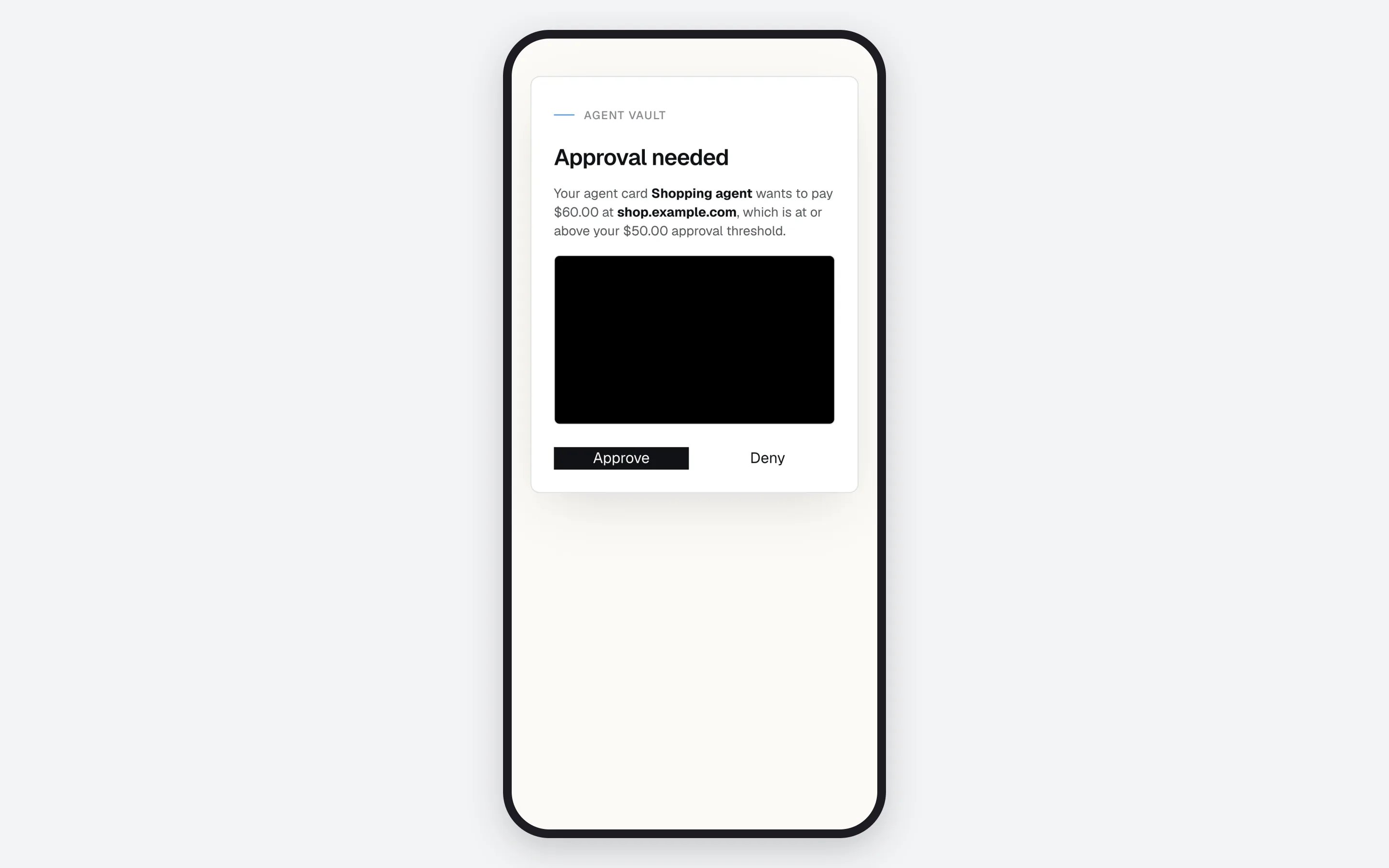 Phone screen titled Approval needed, naming the agent card, the merchant site and the amount, with a redacted page screenshot and Approve and Deny buttons.