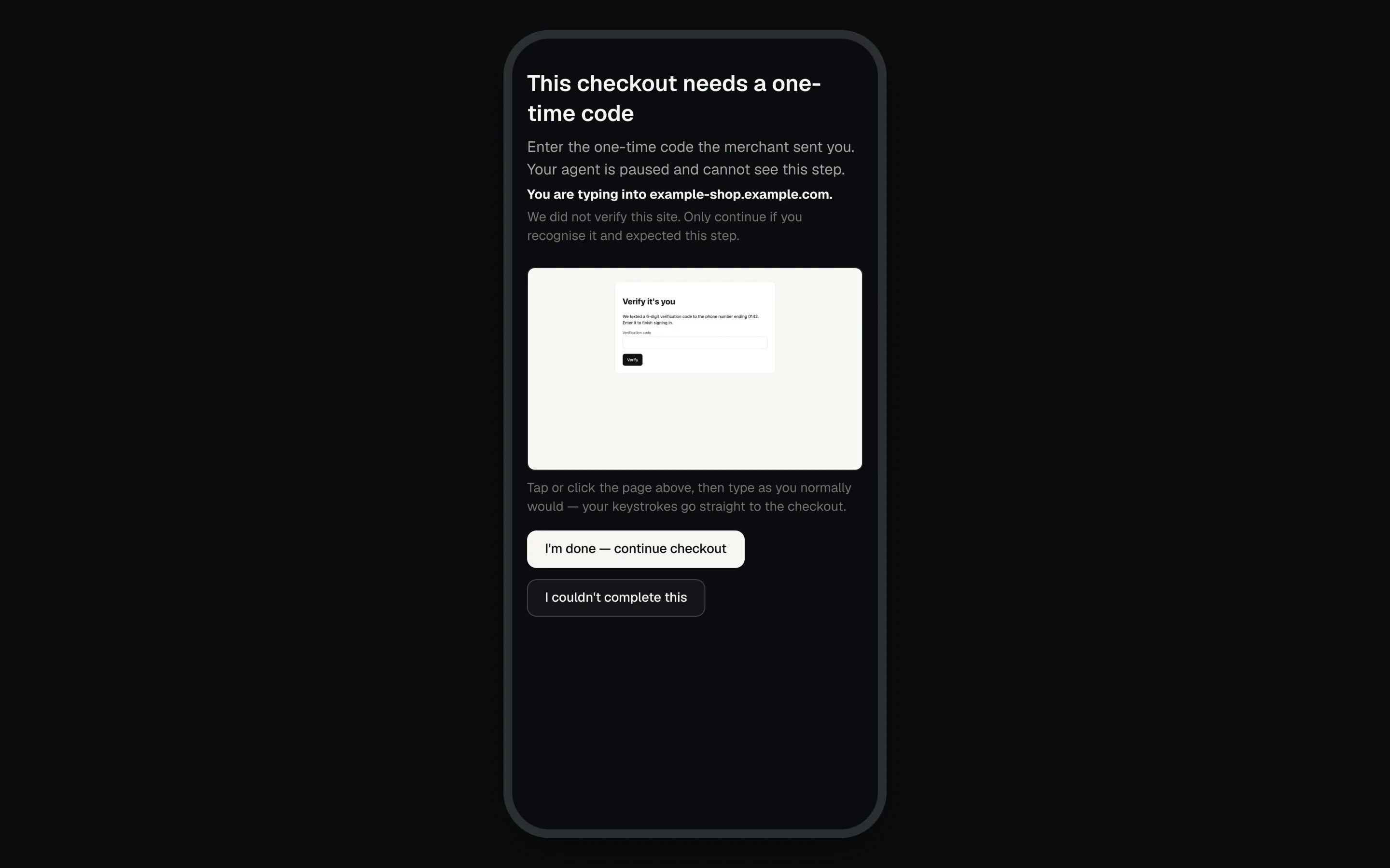 Phone screen showing a streamed sign-in page asking for a one-time code, the site name line, and the release buttons.