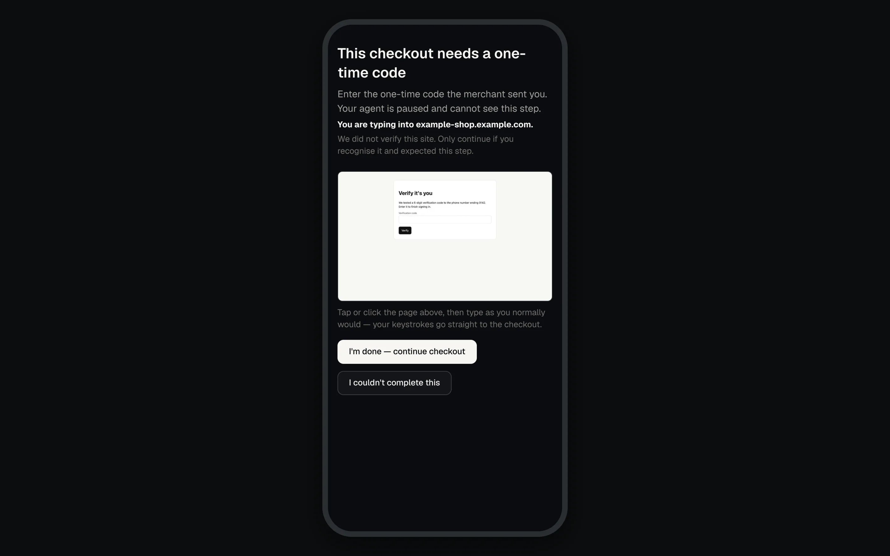Phone screen showing a streamed sign-in page asking for a one-time code, the site name line, and the release buttons.