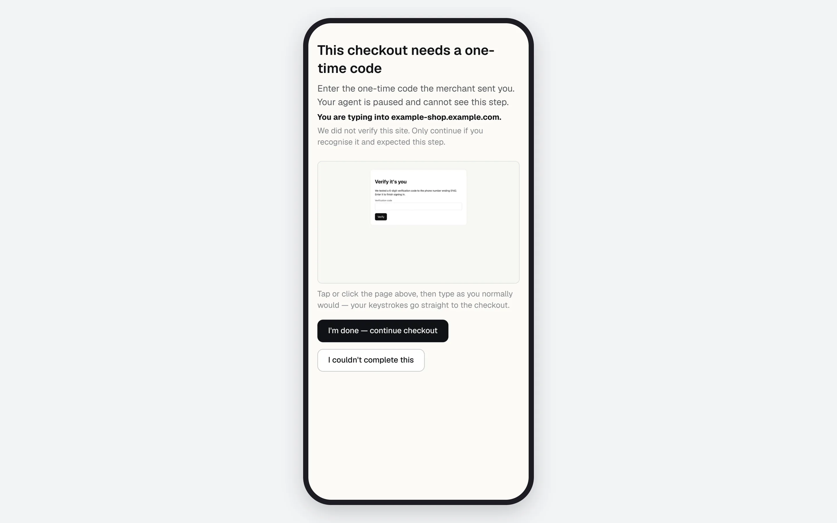 Phone screen showing a streamed sign-in page asking for a one-time code, the site name line, and the release buttons.