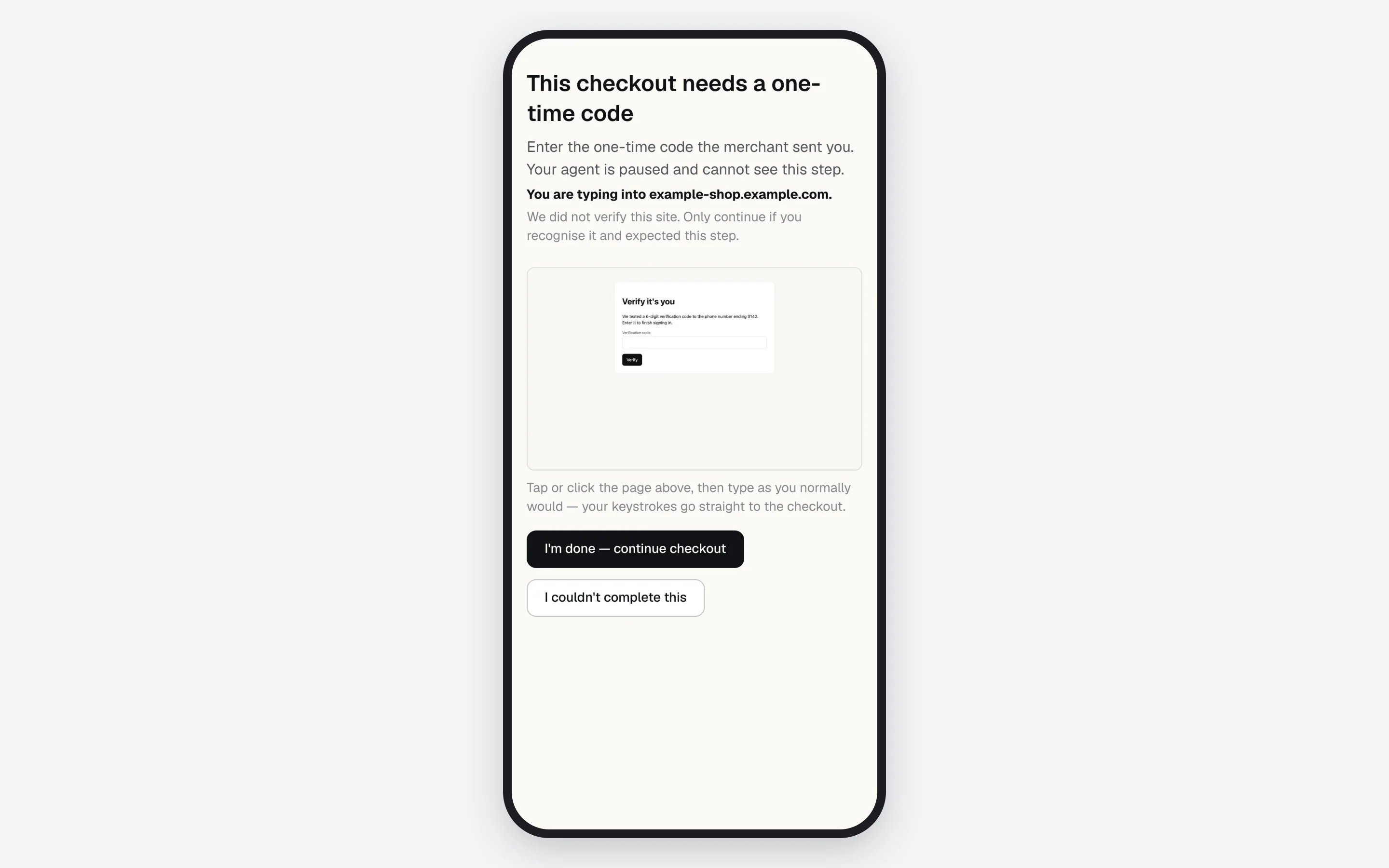Phone screen showing a streamed sign-in page asking for a one-time code, the site name line, and the release buttons.