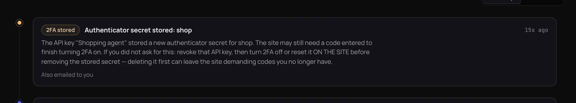 Activity entry stating that an agent added an authenticator secret to a named login.