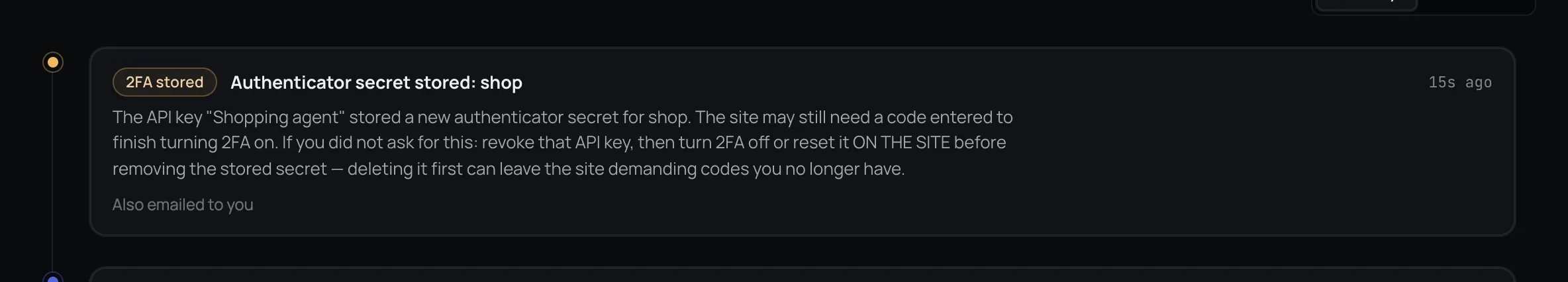 Activity entry stating that an agent added an authenticator secret to a named login.