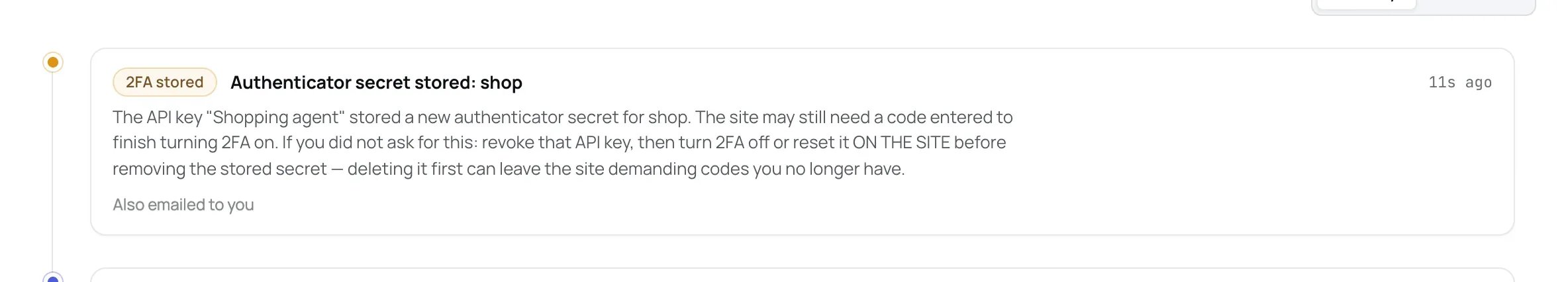 Activity entry stating that an agent added an authenticator secret to a named login.