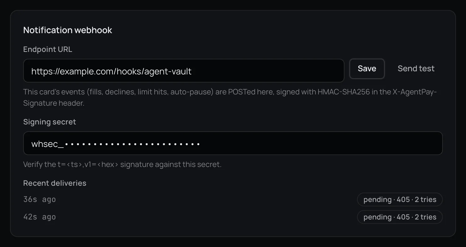 Agent card settings showing the Notification webhook block with an Endpoint URL field, Save and Send test buttons, a read-only Signing secret field, and a Recent deliveries list.